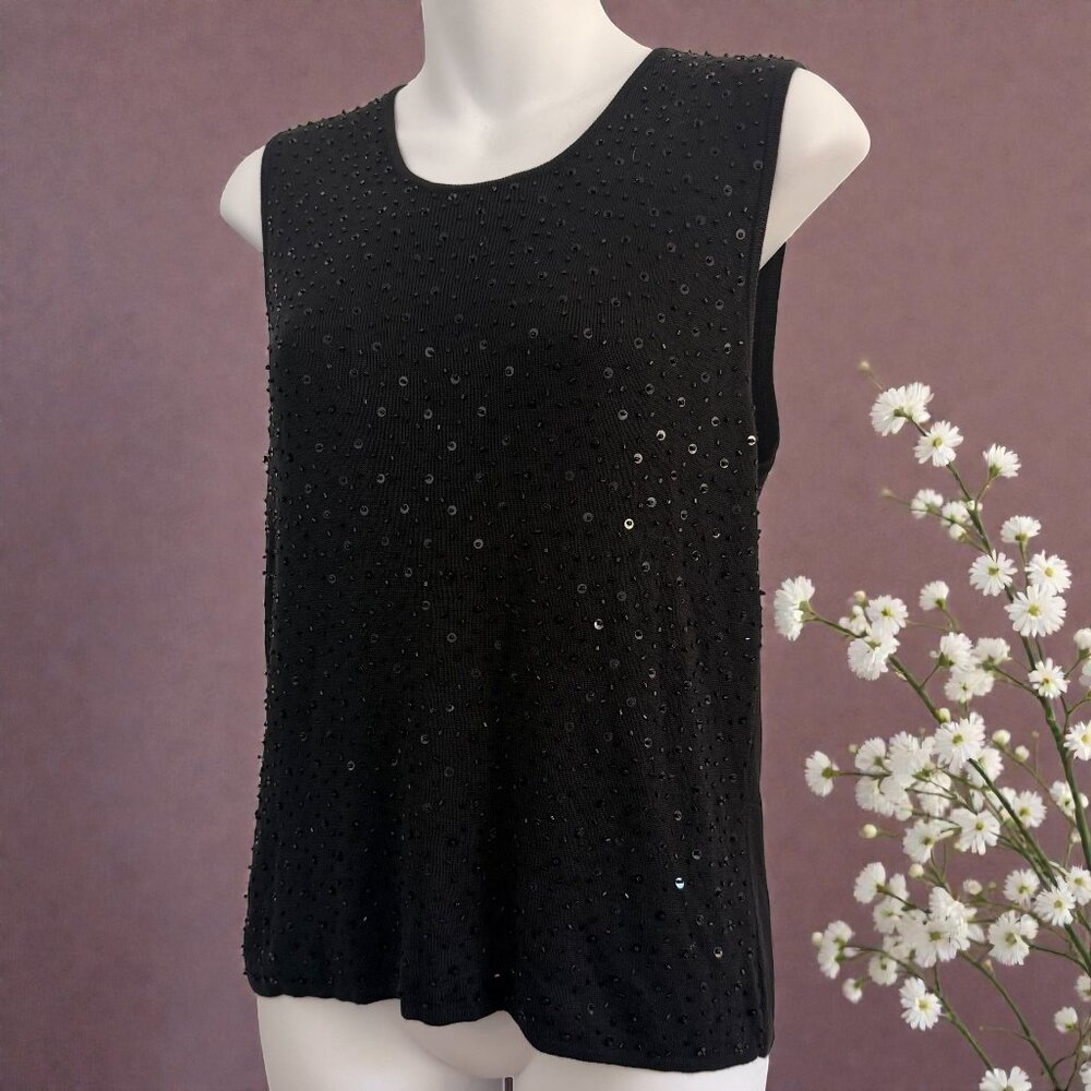 Vintage Valerie Stevens Sequin Knit Tank | Black Silk Blend | Size S